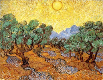 オリーブの木と黄色い空と太陽 ヴィンセント・ファン・ゴッホの風景 Oil Paintings